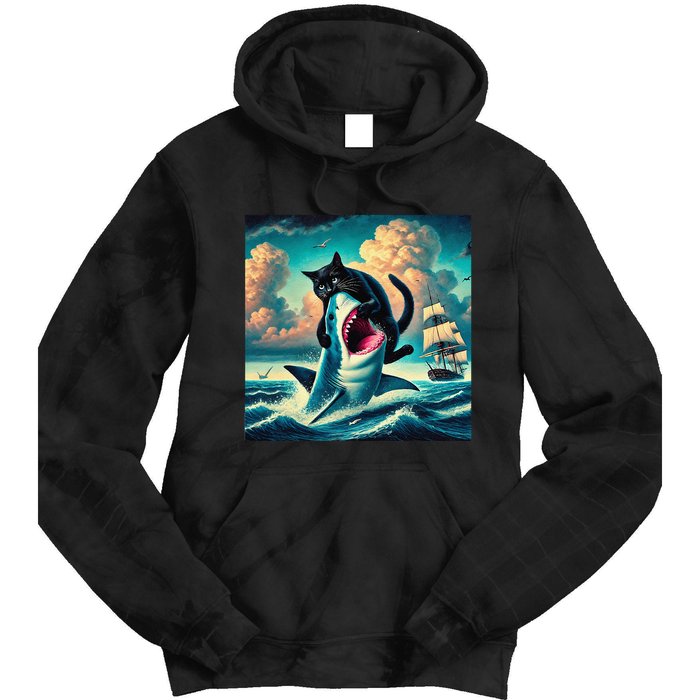 Cat Biting Shark Funny Art And Cat Lover Funny Tie Dye Hoodie