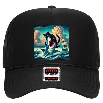 Cat Biting Shark Funny Art And Cat Lover Funny Trucker Hat