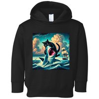 Cat Biting Shark Funny Art And Cat Lover Funny Toddler Hoodie