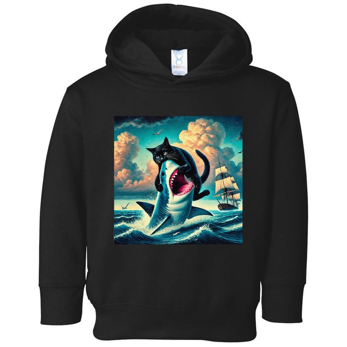 Cat Biting Shark Funny Art And Cat Lover Funny Toddler Hoodie