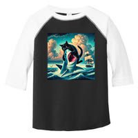 Cat Biting Shark Funny Art And Cat Lover Funny Toddler Fine Jersey T-Shirt