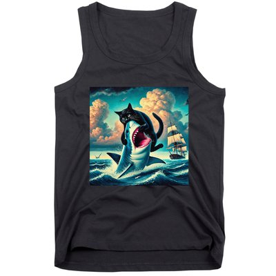 Cat Biting Shark Funny Art And Cat Lover Funny Tank Top