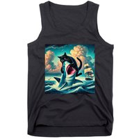 Cat Biting Shark Funny Art And Cat Lover Funny Tank Top