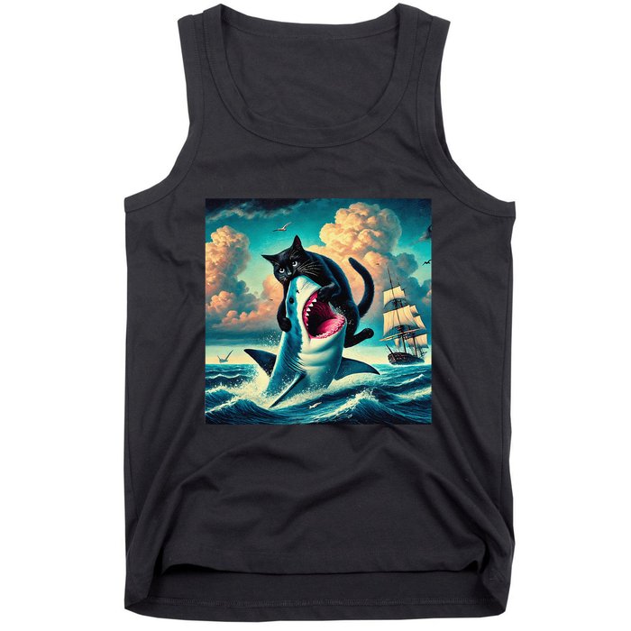 Cat Biting Shark Funny Art And Cat Lover Funny Tank Top