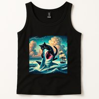 Cat Biting Shark Funny Art And Cat Lover Funny Tank Top
