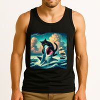 Cat Biting Shark Funny Art And Cat Lover Funny Tank Top