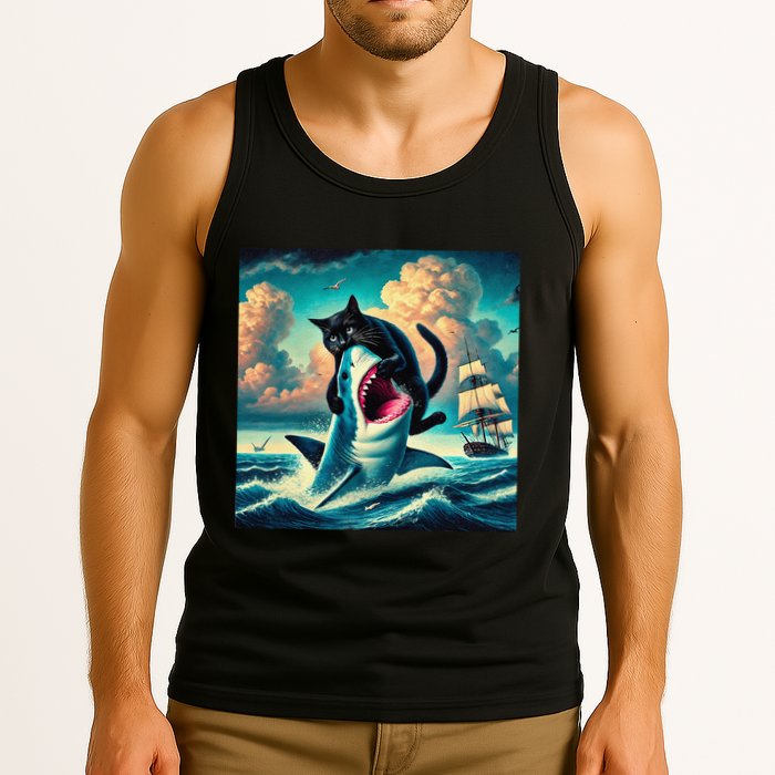 Cat Biting Shark Funny Art And Cat Lover Funny Tank Top