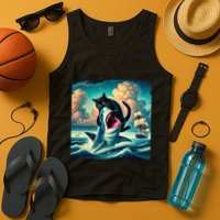 Cat Biting Shark Funny Art And Cat Lover Funny Tank Top