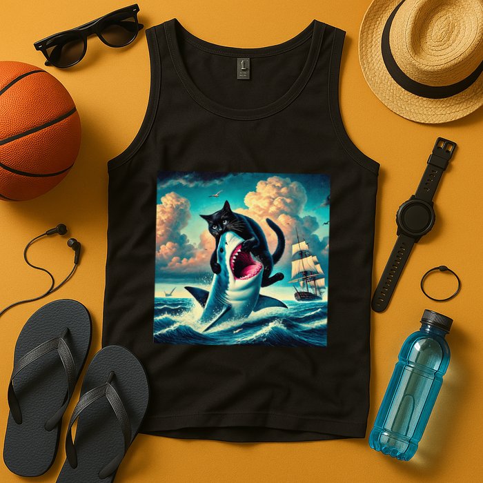 Cat Biting Shark Funny Art And Cat Lover Funny Tank Top