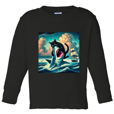 Cat Biting Shark Funny Art And Cat Lover Funny Toddler Long Sleeve Shirt