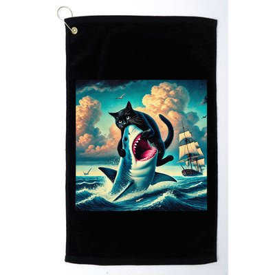 Cat Biting Shark Funny Art And Cat Lover Funny Golf Towel