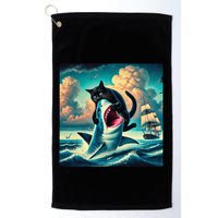 Cat Biting Shark Funny Art And Cat Lover Funny Golf Towel