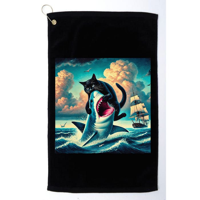 Cat Biting Shark Funny Art And Cat Lover Funny Golf Towel