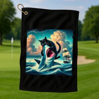 Cat Biting Shark Funny Art And Cat Lover Funny Golf Towel