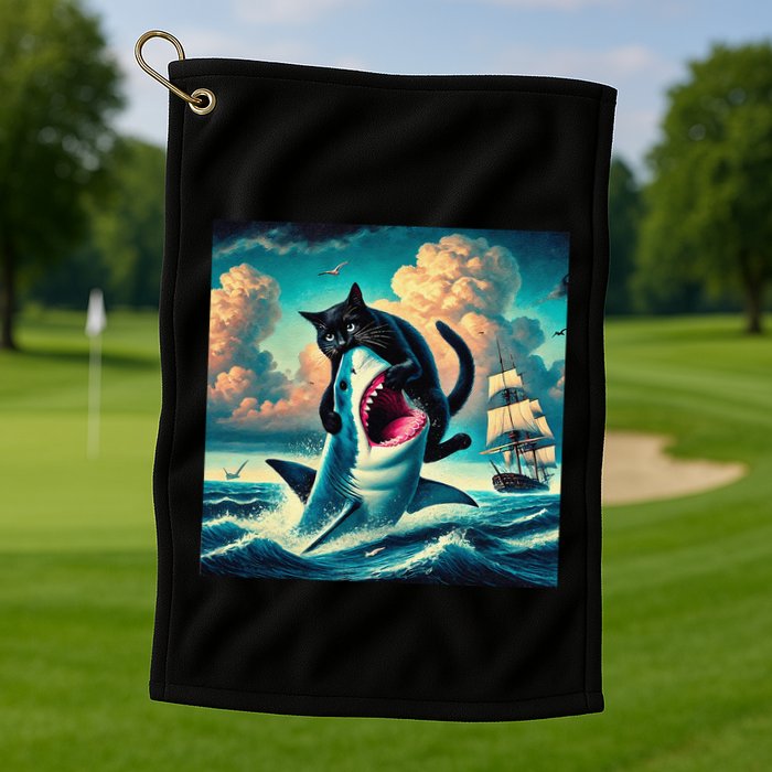 Cat Biting Shark Funny Art And Cat Lover Funny Golf Towel