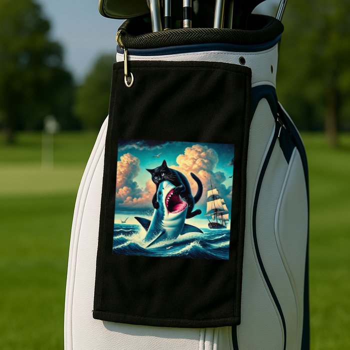 Cat Biting Shark Funny Art And Cat Lover Funny Golf Towel