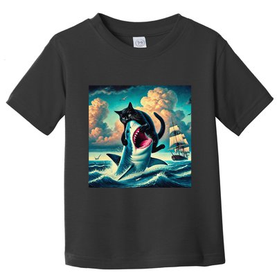 Cat Biting Shark Funny Art And Cat Lover Funny Toddler T-Shirt