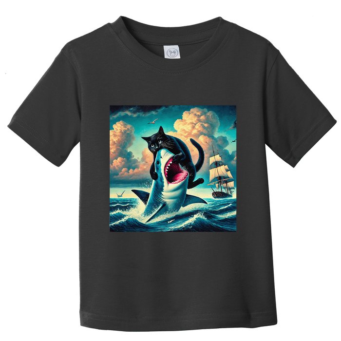 Cat Biting Shark Funny Art And Cat Lover Funny Toddler T-Shirt