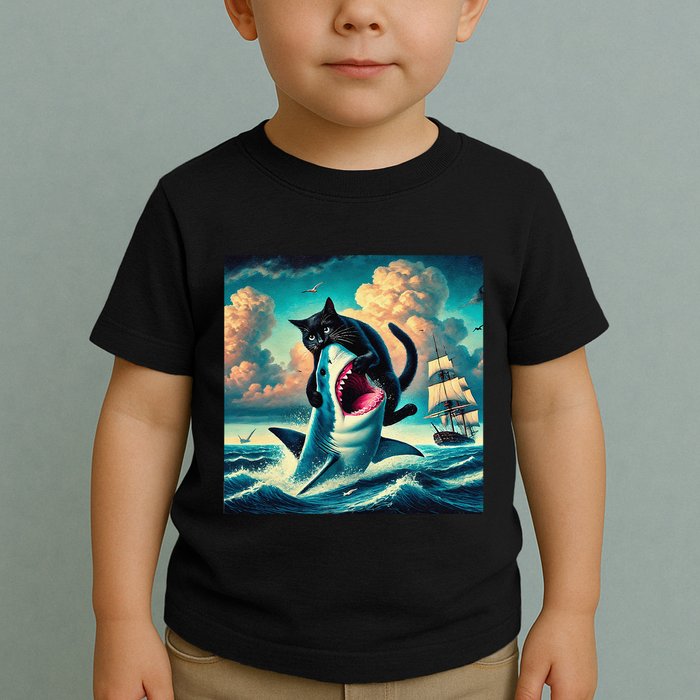 Cat Biting Shark Funny Art And Cat Lover Funny Toddler T-Shirt