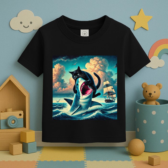 Cat Biting Shark Funny Art And Cat Lover Funny Toddler T-Shirt