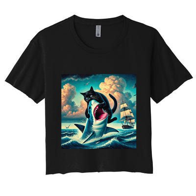 Cat Biting Shark Funny Art And Cat Lover Funny Crop Top