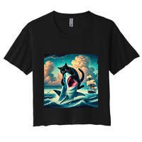 Cat Biting Shark Funny Art And Cat Lover Funny Crop Top