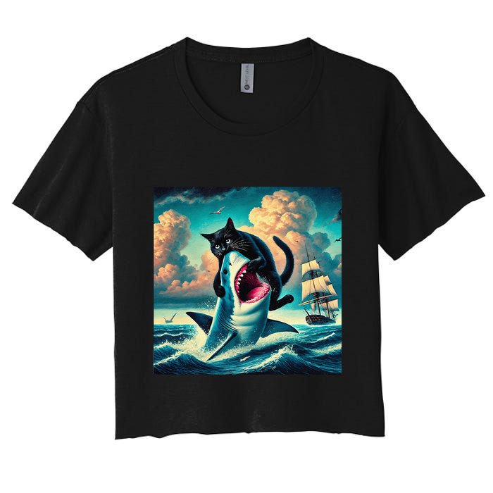 Cat Biting Shark Funny Art And Cat Lover Funny Crop Top