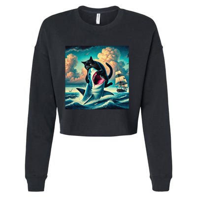 Cat Biting Shark Funny Art And Cat Lover Funny Cropped Pullover Crew