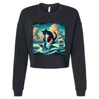 Cat Biting Shark Funny Art And Cat Lover Funny Cropped Pullover Crew
