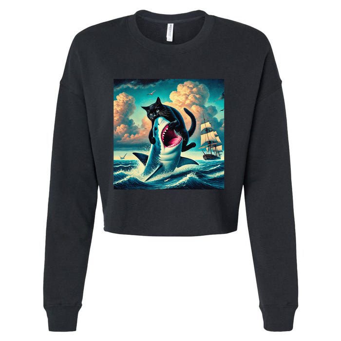Cat Biting Shark Funny Art And Cat Lover Funny Cropped Pullover Crew