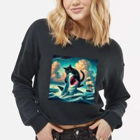 Cat Biting Shark Funny Art And Cat Lover Funny Cropped Pullover Crew