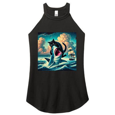 Cat Biting Shark Funny Art And Cat Lover Funny Women's Perfect Tri Rocker Tank
