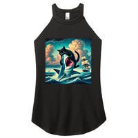 Cat Biting Shark Funny Art And Cat Lover Funny Women's Perfect Tri Rocker Tank