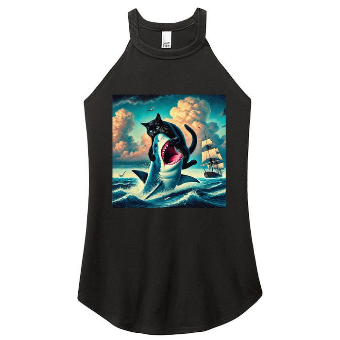 Cat Biting Shark Funny Art And Cat Lover Funny Women's Perfect Tri Rocker Tank