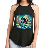 Cat Biting Shark Funny Art And Cat Lover Funny Women's Perfect Tri Rocker Tank