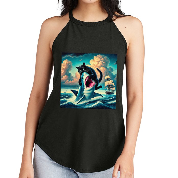 Cat Biting Shark Funny Art And Cat Lover Funny Women's Perfect Tri Rocker Tank