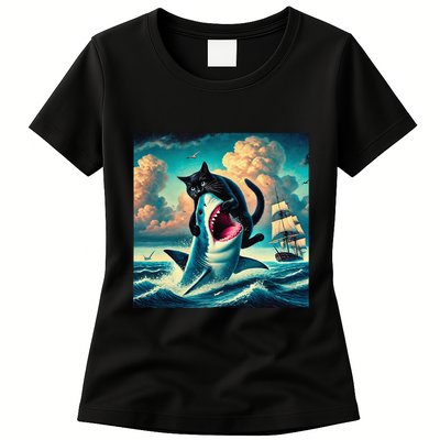 Cat Biting Shark Funny Art And Cat Lover Funny Womens T-Shirt