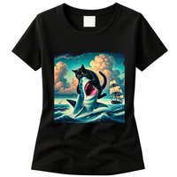 Cat Biting Shark Funny Art And Cat Lover Funny Womens T-Shirt