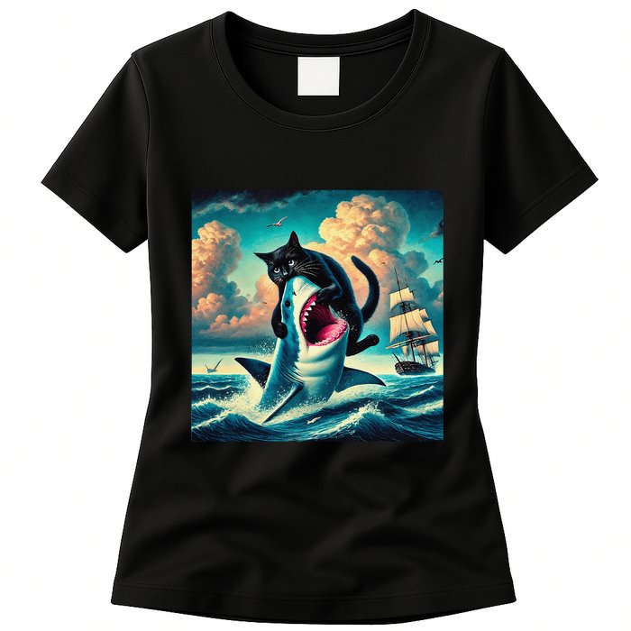 Cat Biting Shark Funny Art And Cat Lover Funny Womens T-Shirt