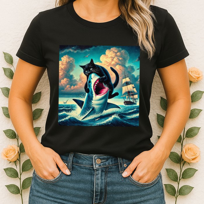 Cat Biting Shark Funny Art And Cat Lover Funny Womens T-Shirt