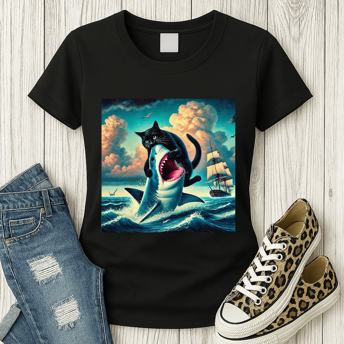 Cat Biting Shark Funny Art And Cat Lover Funny Womens T-Shirt