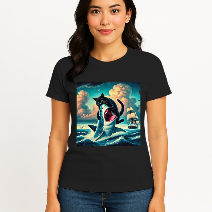 Cat Biting Shark Funny Art And Cat Lover Funny Womens T-Shirt
