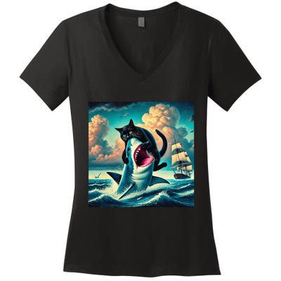 Cat Biting Shark Funny Art And Cat Lover Funny Women's V-Neck T-Shirt