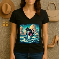 Cat Biting Shark Funny Art And Cat Lover Funny Women's V-Neck T-Shirt