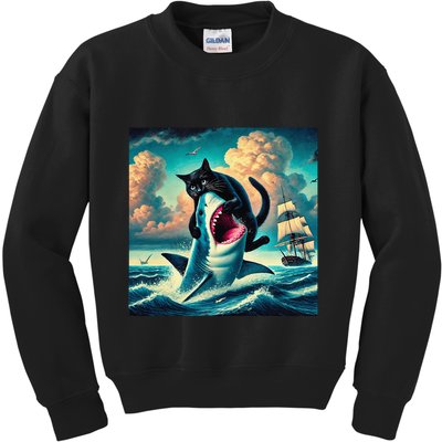 Cat Biting Shark Funny Art And Cat Lover Funny Kids Sweatshirt