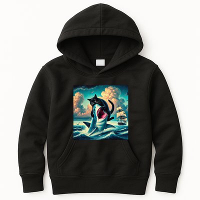 Cat Biting Shark Funny Art And Cat Lover Funny Kids Hoodie