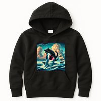 Cat Biting Shark Funny Art And Cat Lover Funny Kids Hoodie