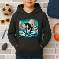 Cat Biting Shark Funny Art And Cat Lover Funny Kids Hoodie