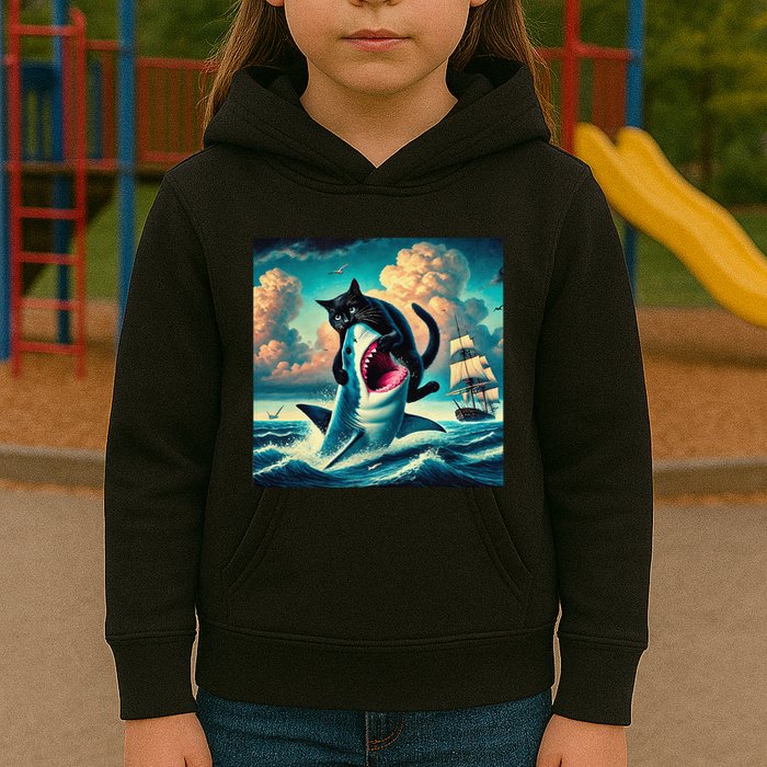 Cat Biting Shark Funny Art And Cat Lover Funny Kids Hoodie