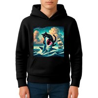 Cat Biting Shark Funny Art And Cat Lover Funny Kids Hoodie